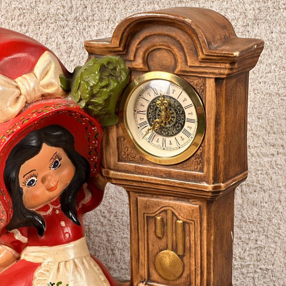 Vintage Girl with Grandfather Clock and Cat Figurine Wind Up Clock Kitsch Decor